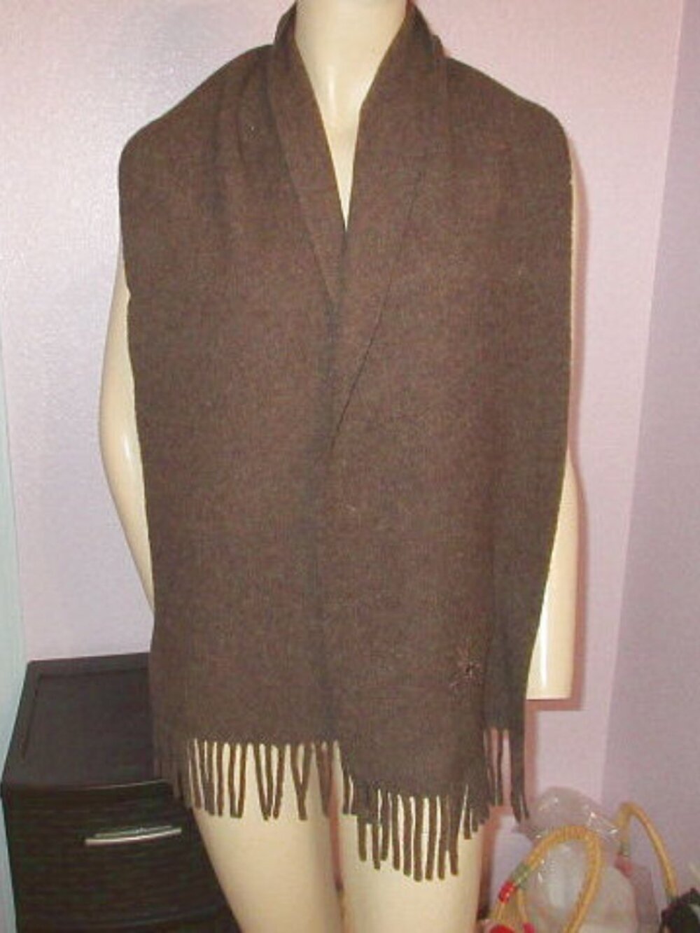 Lambswool Embroidered Fringe Scarf Italy Fringe Luxurious Neck Wrap Shawl Brown